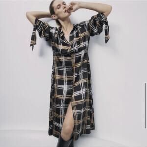 Zara Plaid Printed Brown Black Midi Satin Dress Size Small